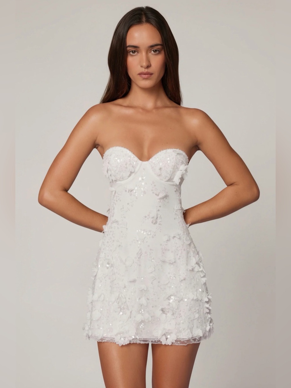 Embellished Bandeau A-line Mini Dress in White
